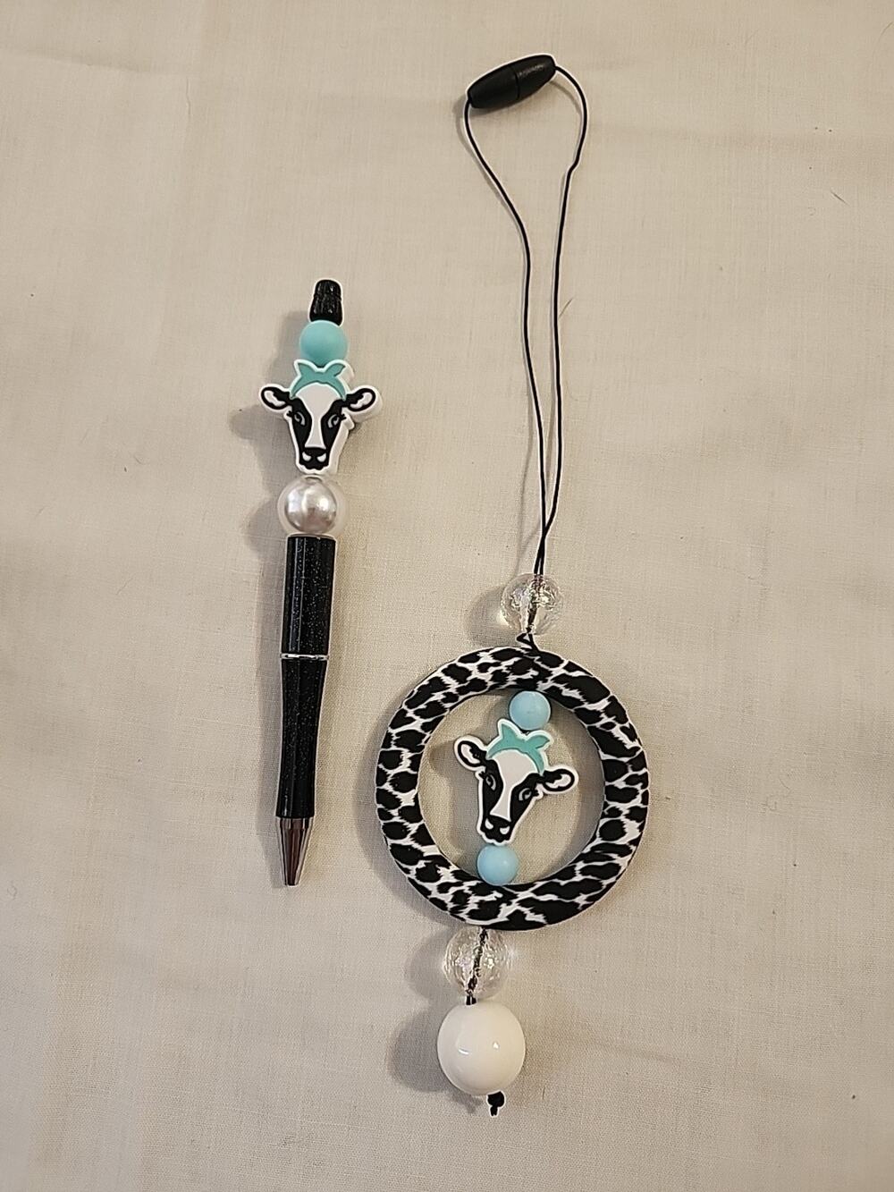 Car Charm For Rear View & Bed Pen Combo Cow Print Black & White Blue